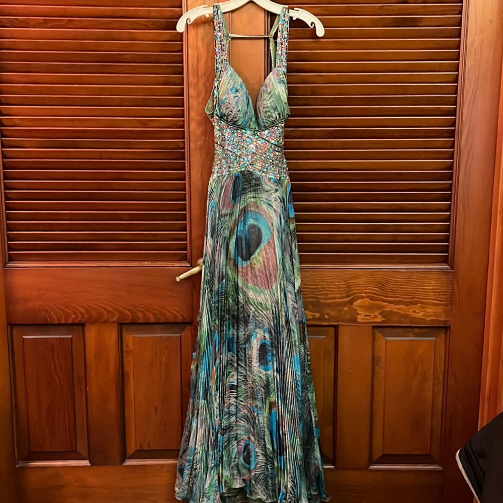 Stunning Jovani Peacock Print Evening Gown
